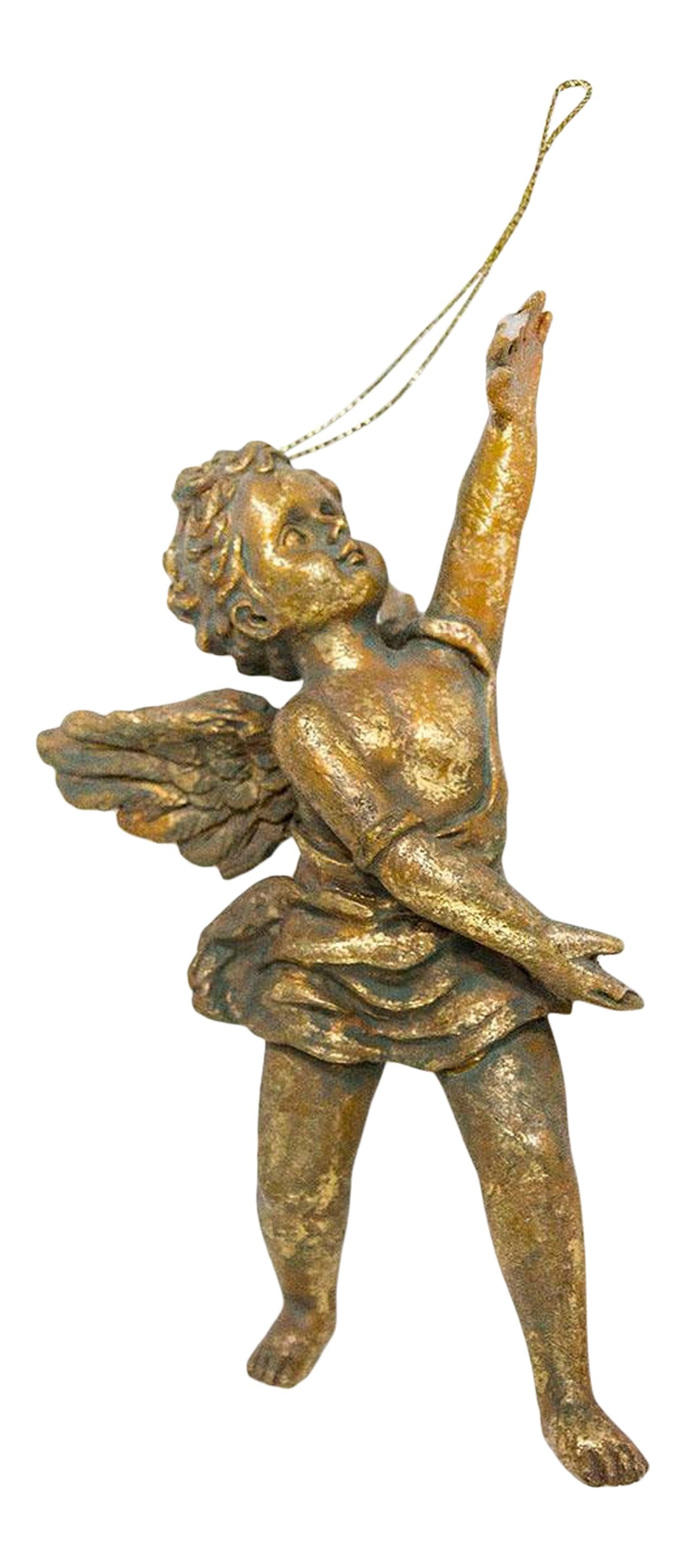 1960s Gold Gilt Angel: Gold gilt angel with string for hanging if desired. Material is undetermined - feels like metal, may be a composite. Condition: Alterations: Original Condition Unaltered Imperfections: Some