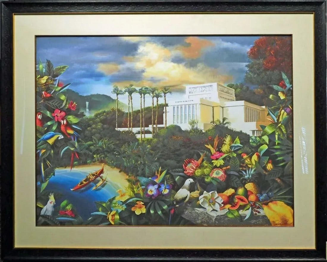 James Jensen Untitled Original Giclee Fine Art Print Paradise Scene: Untitled by James Jensen Giclee on Paper Hand Signed by the Artist Framed Size: 40" x 50" Image Size: 30"x 40" custom frame Art Condition: Mint Gallery Retail: $1,000.00 (framed) Certificate