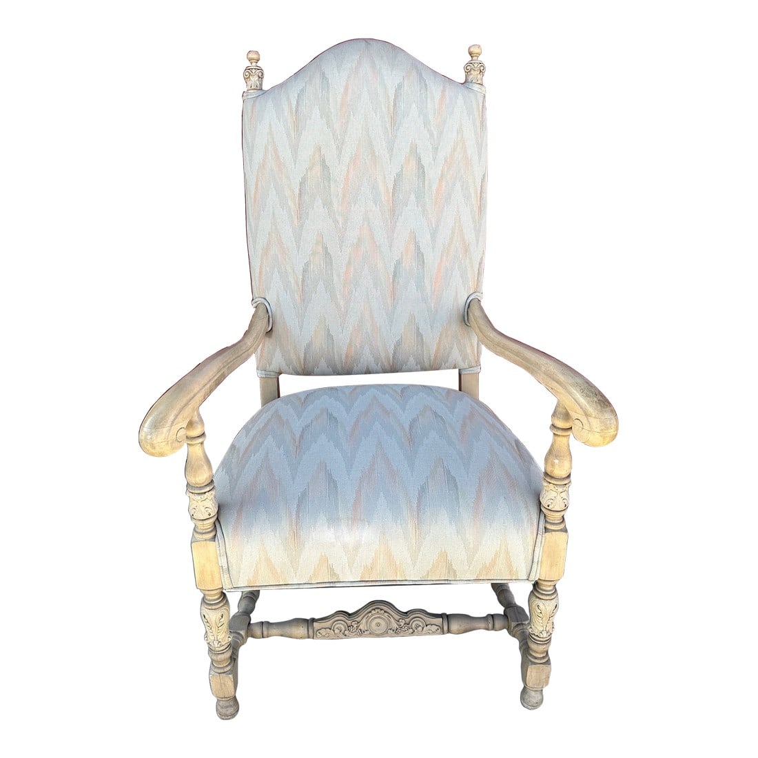 Vintage Regency Ikat Armchair: Vintage Regency Arm Chair with Ikat Print in soft neutrals. Wood in light colored with top finials. Carved detail on front legs, finials and cross bracket. Great accent chair. Soft neutral colors in p