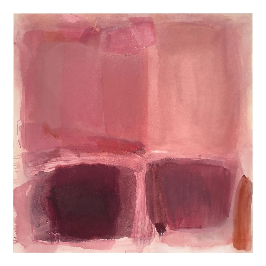 Madame (Wallflower Series) Original Color Field Painting: Color has a profound effect on mood and sensory arousal. In this painting, warm toned swaths of coral, nude, and russet are juxtaposed in asymmetrical tension. The organically layered tones evoke