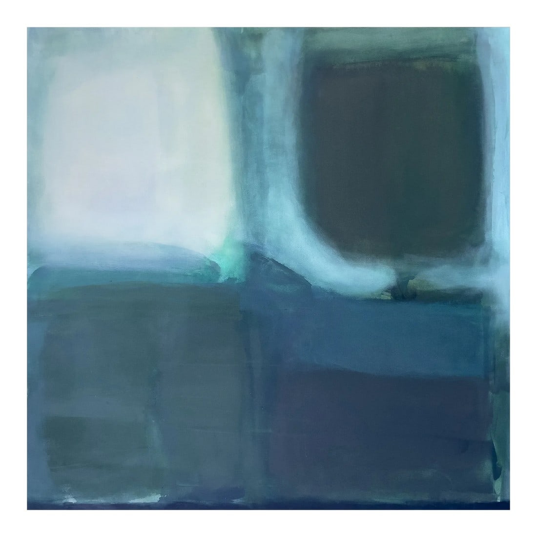 Moondance (Wallflower Series) Dark Green Color Field Painting: Color has a profound effect on mood and sensory arousal. In this painting, swaths of evergreen and midnight navy are juxtaposed in asymmetrical tension with soft gold and sky blue. The organically lay
