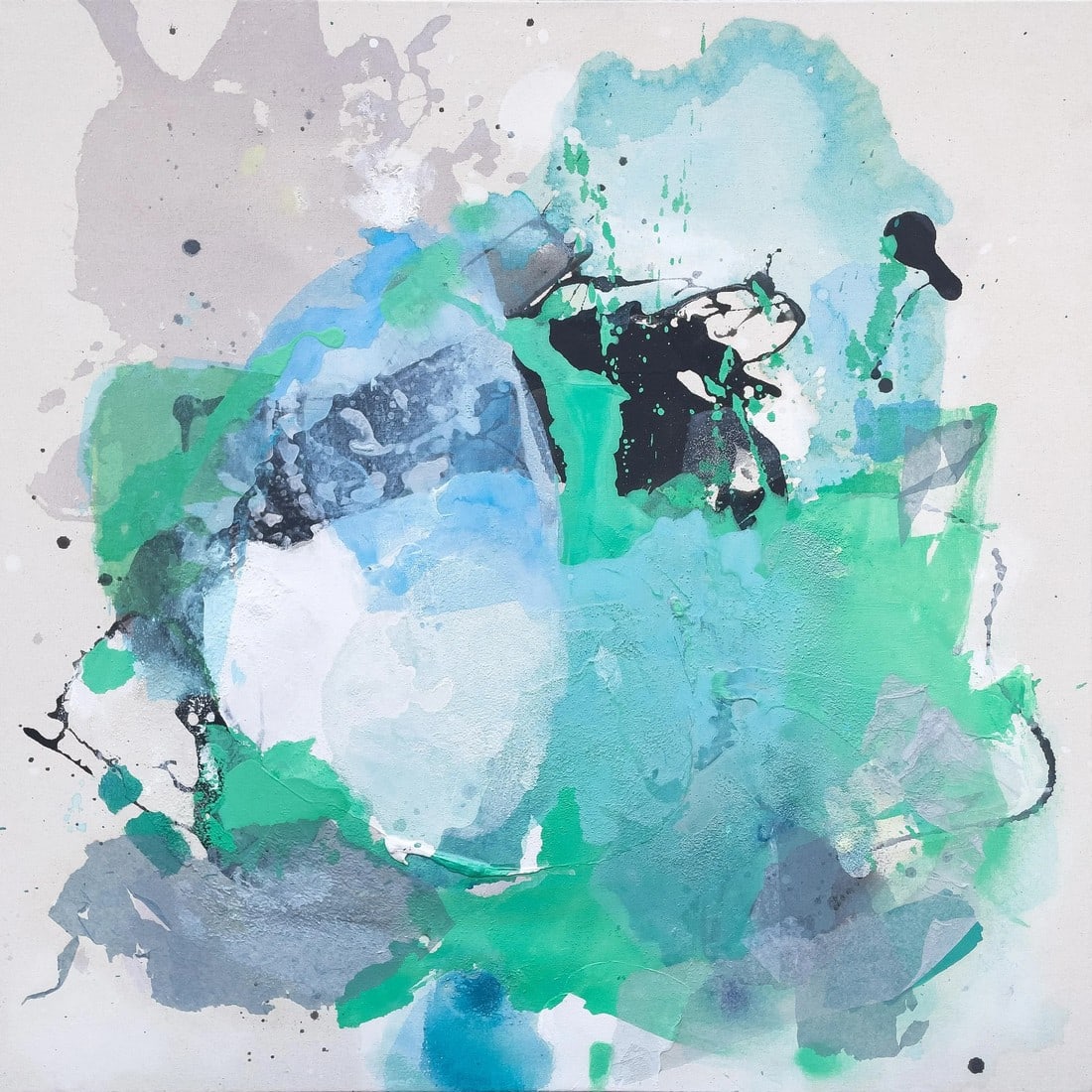 How Soon Is Now? Green Gestural Abstract Painting: Acrylic, ink, enamel, sand, and texture on raw canvas with gallery-wrapped edges (also looks great in float framing). This gestural, layered stain painting features light-hearted shades of green,