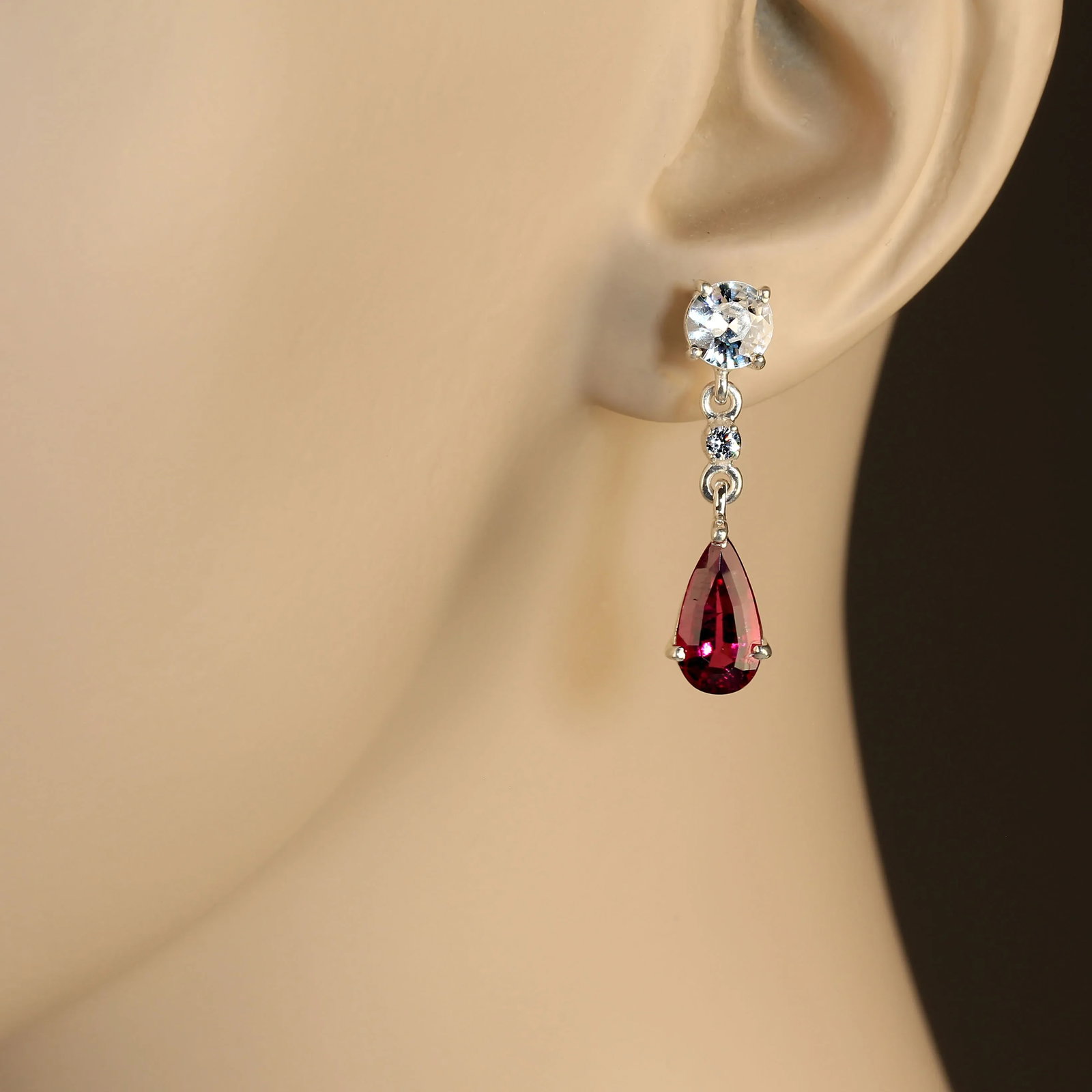 Rubelite and Genuine Zircon Dangle Earrings - 2 Pieces - 2