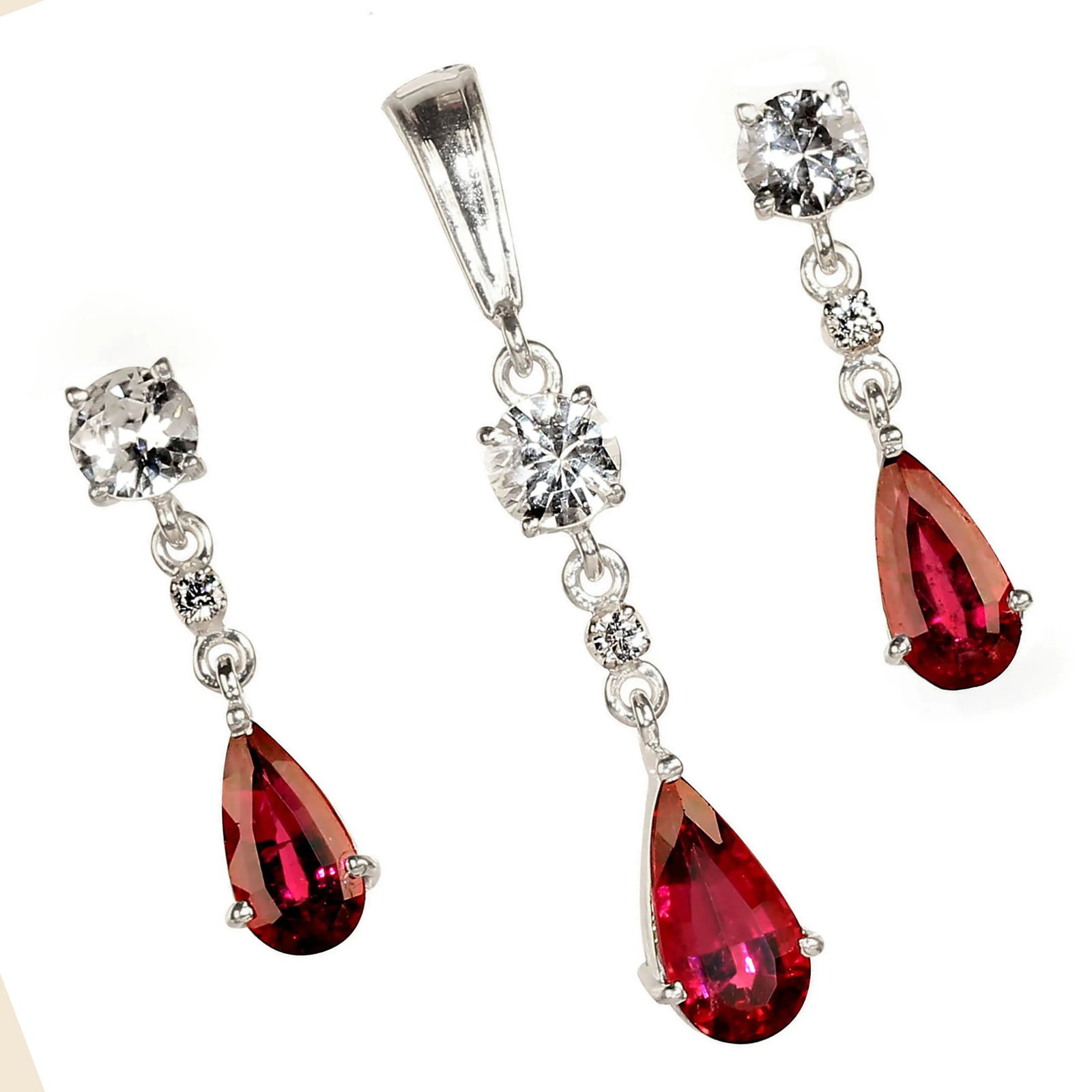Rubelite and Genuine Zircon Dangle Earrings - 2 Pieces - 4