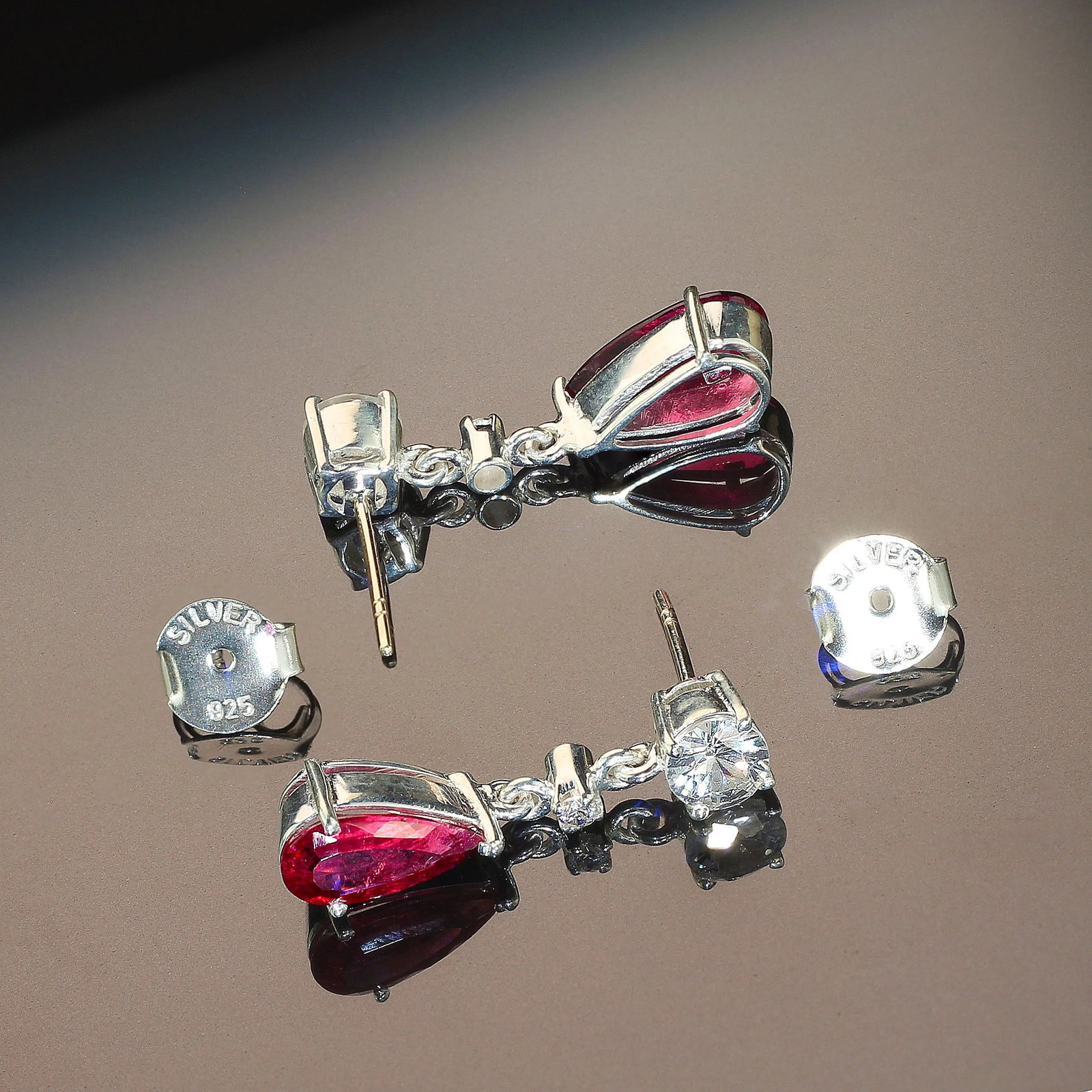 Rubelite and Genuine Zircon Dangle Earrings - 2 Pieces - 9