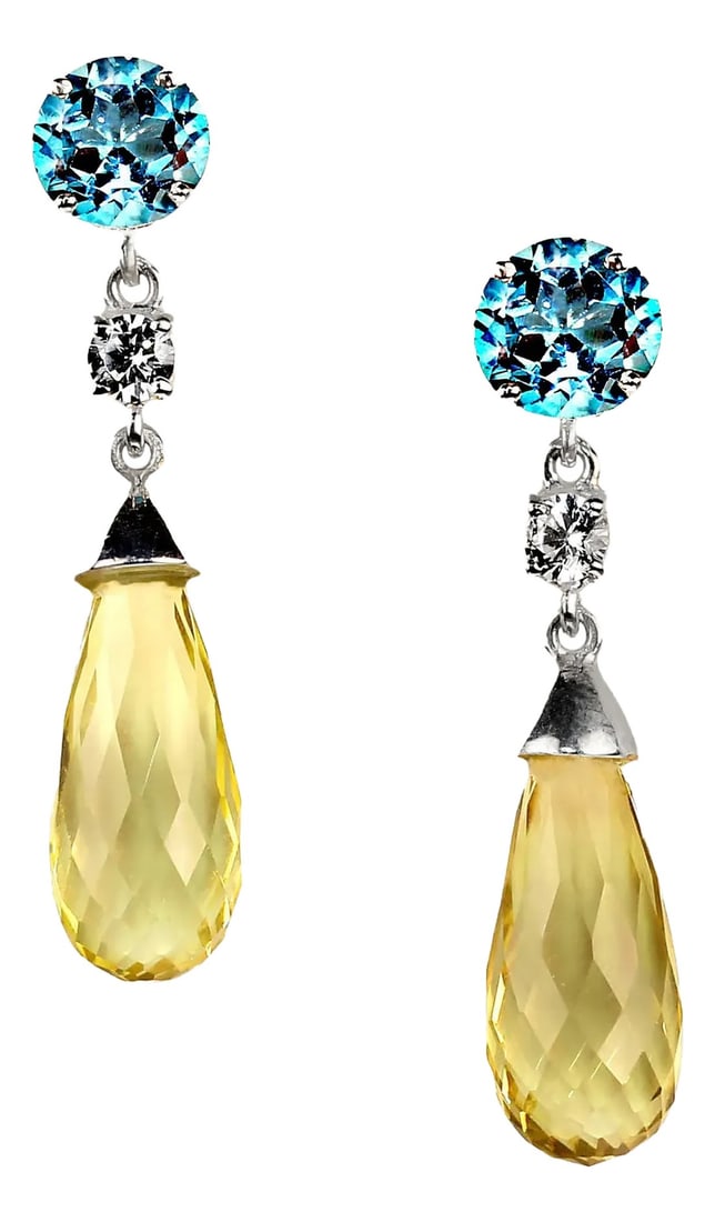 Sparkling Blue Topaz and Lemon Quartz Dangle Earrings - 2 Pieces: Elegant Blue Topaz & Lemon Quartz Dangle Earrings – Sterling Silver with Genuine Zircon Accents Add a touch of brilliance to your collection with these sparkling dangle earrings featuring stunning B