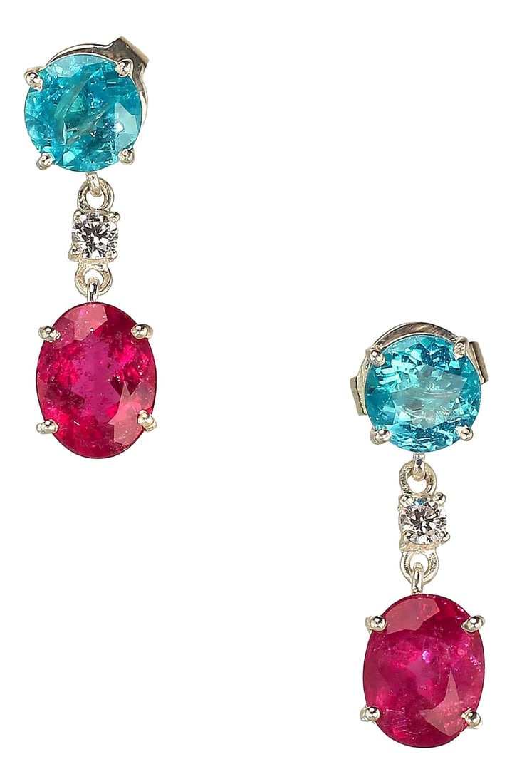 Pink and Blue/Green Swinging Earrings - 2 Pieces: Stunning Pink Rubelite & Blue Apatite Dangle Earrings in Sterling Silver Who can resist the fiery combination of pink and blue? These eye-catching dangle earrings are designed to dazzle with their