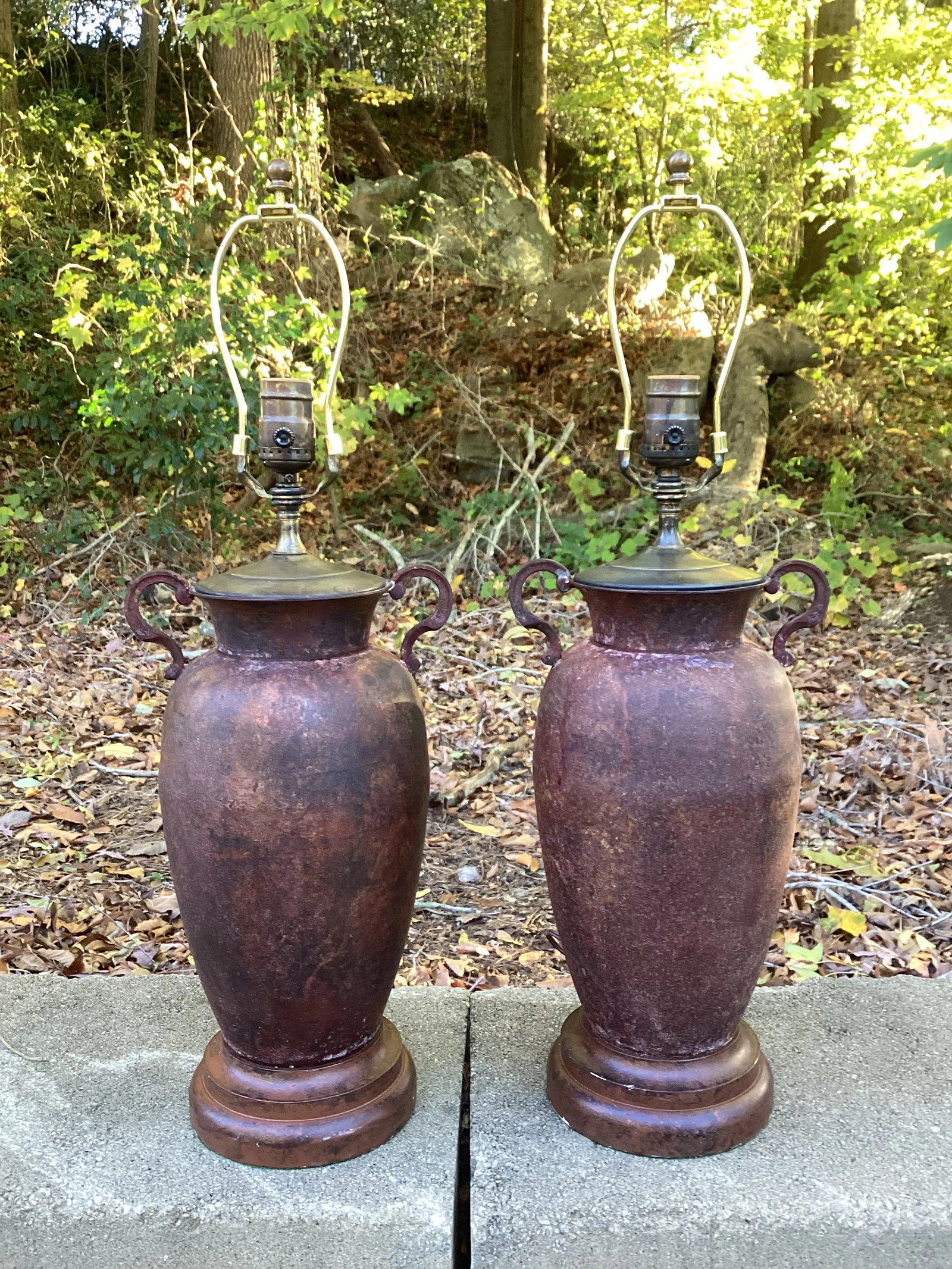 Pair of Late 20th Century Rusted Urns Mounted as Lamps With Crinkled Parchment Shades - 4