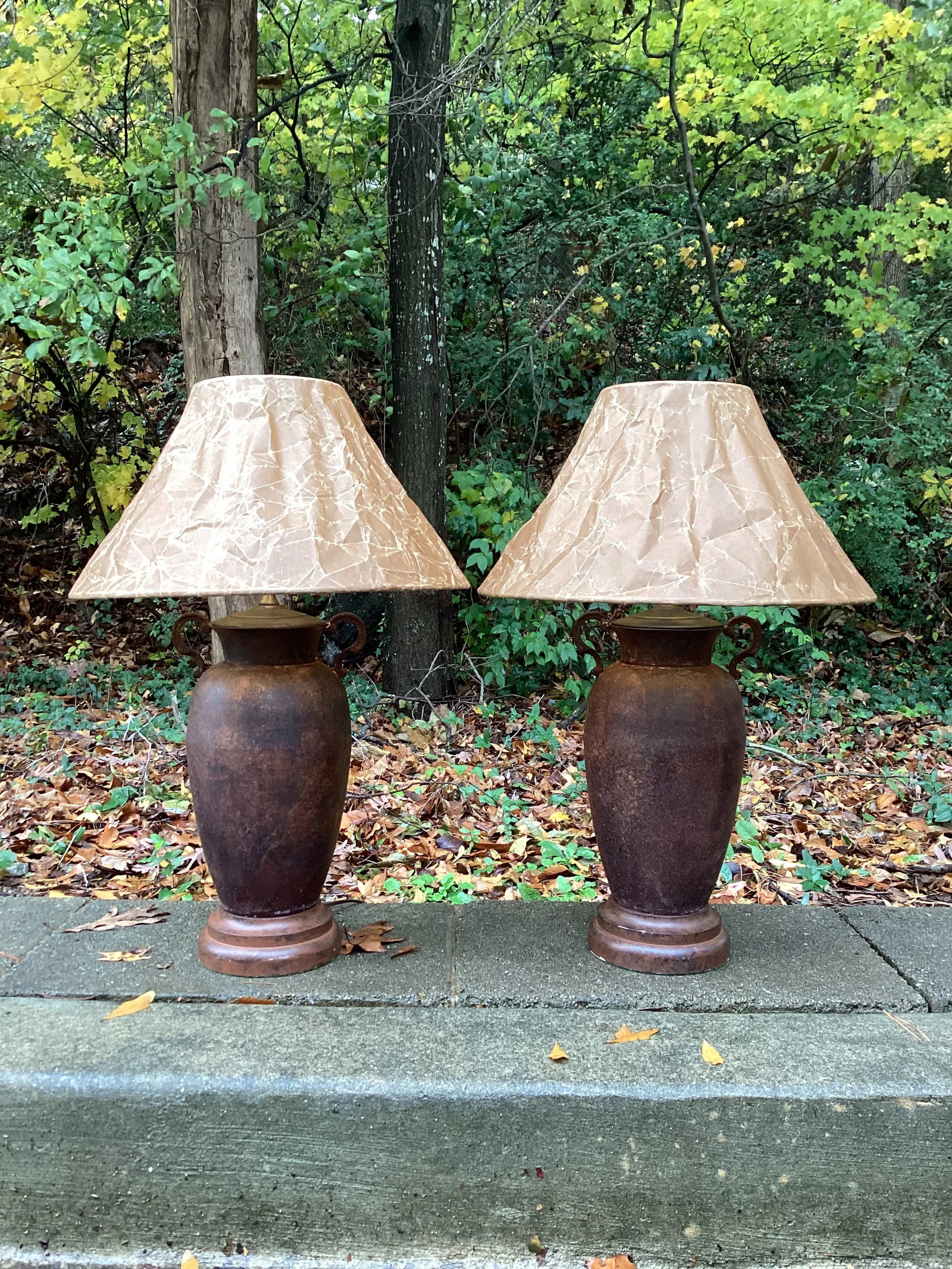 Pair of Late 20th Century Rusted Urns Mounted as Lamps With Crinkled Parchment Shades - 6