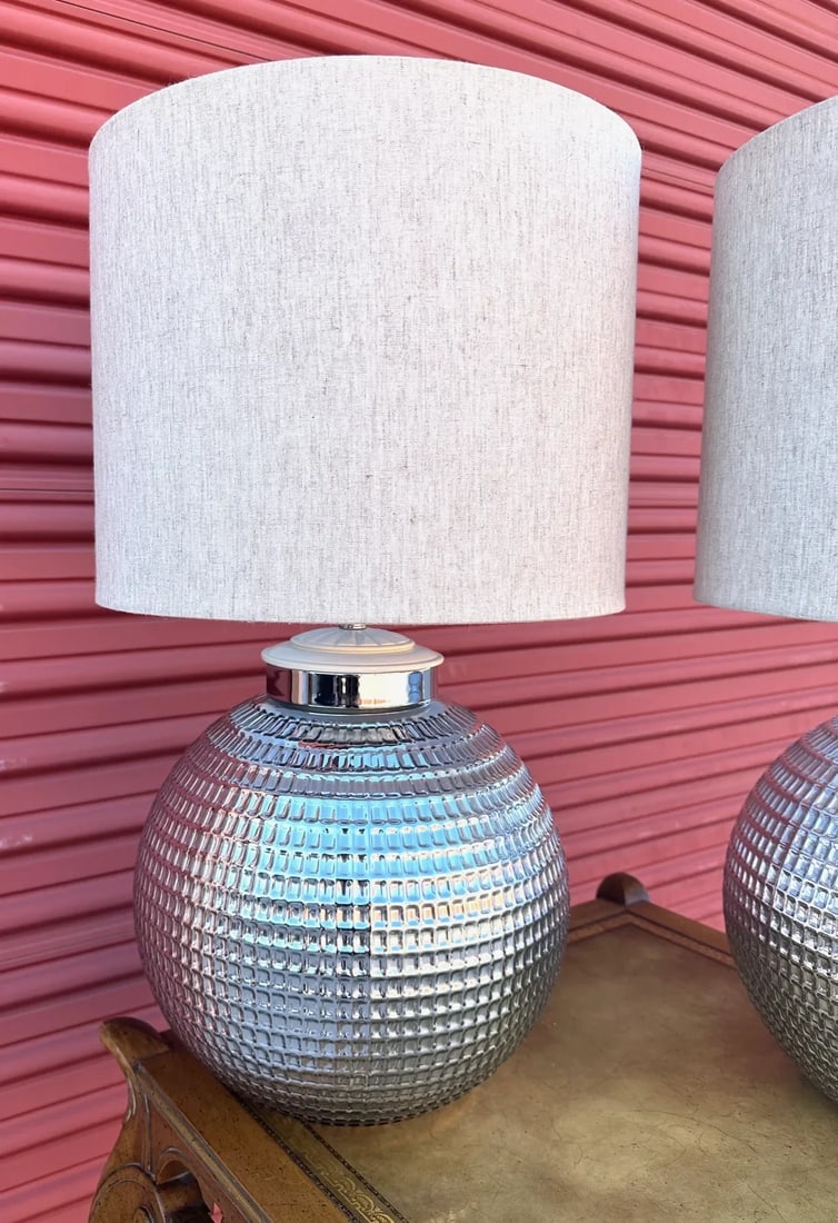 Pair of Silver Textured Glass Ball Table Lamps - 2