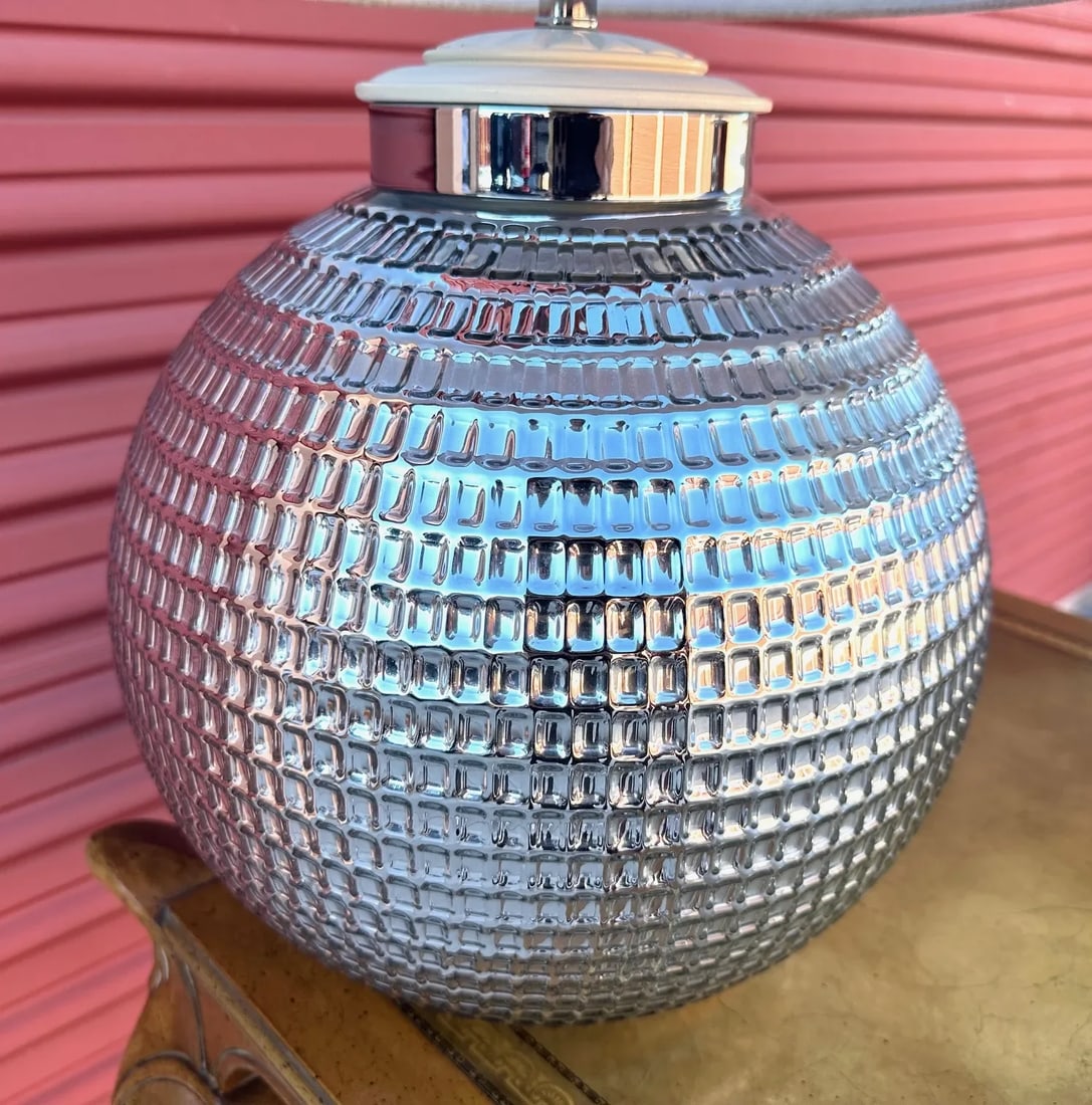 Pair of Silver Textured Glass Ball Table Lamps - 3