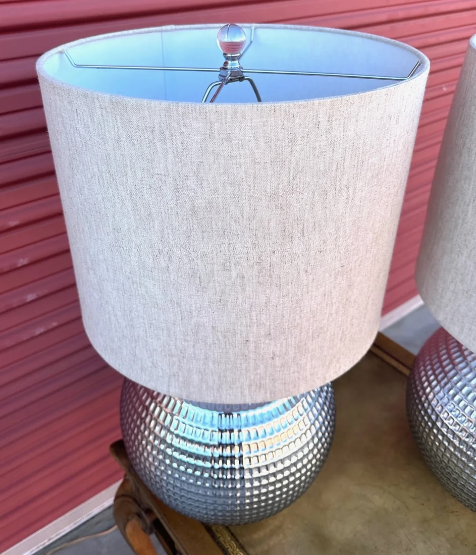 Pair of Silver Textured Glass Ball Table Lamps - 4