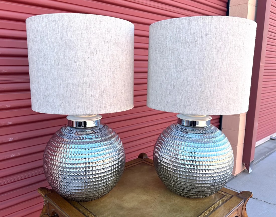 Pair of Silver Textured Glass Ball Table Lamps - 6