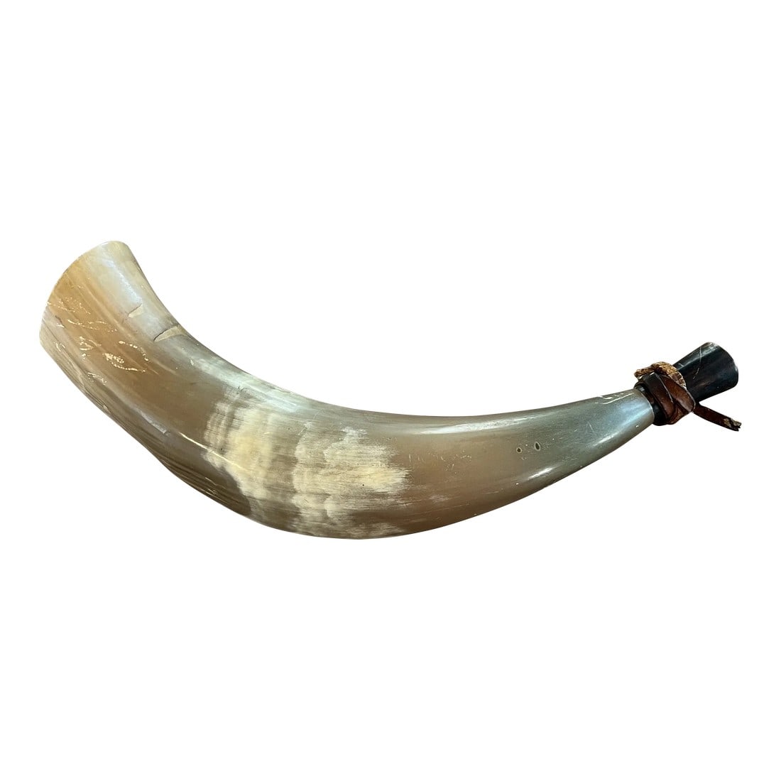 Antique Powder Horn: Very old horn which was probably used as a powder horn. The dark brown end is also made of horn or bone. There is the remnant of a leather strap. Love the rich brown colors! Condition: Alterations:
