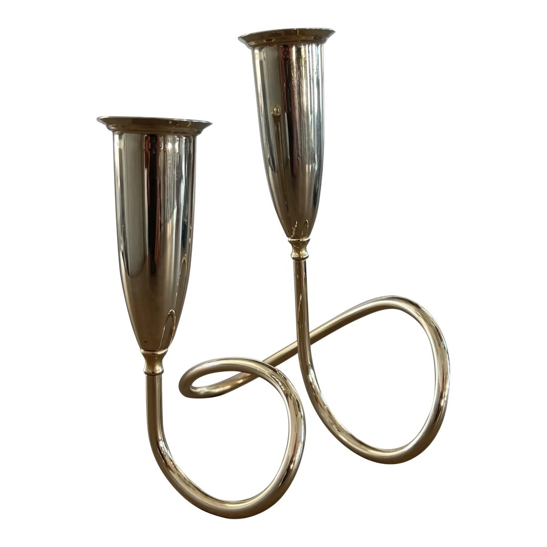 1950s Brass Modernist Candlestick by Napier: A handmade brass-plated metal modernist candle holder by Napier USA. A rare design! Measures 6-1/2" tall by 5" wide by 4.75". Marked on bottom as shown, "Napier Pat. Pend." which puts them in the