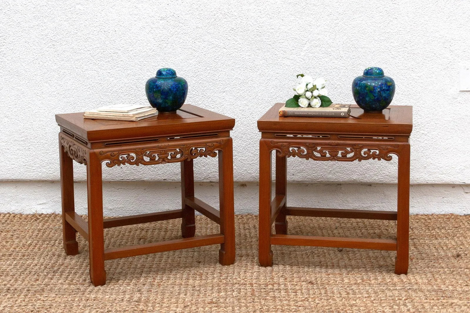 Pair of Vintage Carved Elm & Burr End Tables - 2