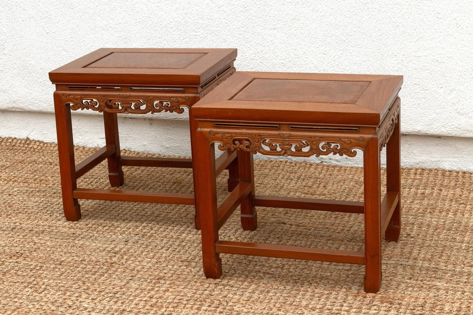 Pair of Vintage Carved Elm & Burr End Tables - 9