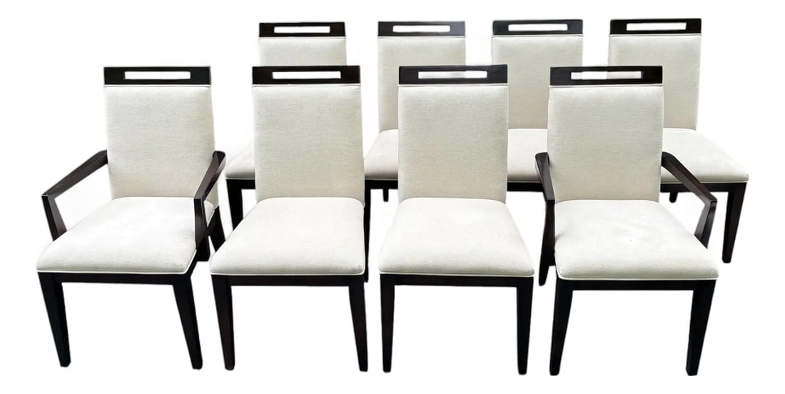 Bernhardt Upholstered Dining Chairs - Set of 8: Bernhardt Upholstered Dining Chairs - Set of 8 This set of dining chairs includes two are chairs and 6 side chairs. They are upholstered on the seat, back, and back of the chair with cream covered uph