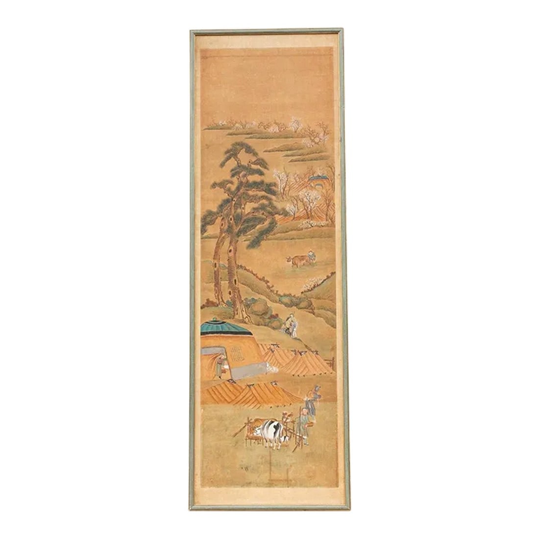 Antique Chinese Landscape Rural Life Painting: Transport yourself to the tranquil countryside of ancient China with this antique landscape painting. Believed to be from the late 19th or early 20th century, this artwork beautifully captures the har
