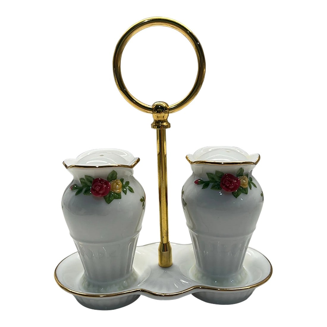 Royal Albert Old Country Roses Salt & Pepper Caddy Set: Rare salt and pepper shaker set by Royal Albert in the old country roses pattern. Condition: Alterations: Original Condition Unaltered Imperfections: Some Imperfections Condition Notes: no chips or