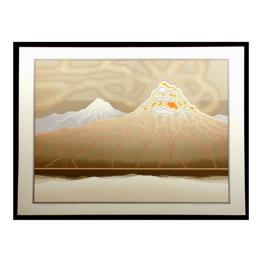 1980s Richard Gilbert "Mountain Smoking" Hand Signed Serigraph Fine Art, Volcano, Lava: Mountain Smoking by Richard Gilbert Hand signed, dated, titled & numbered by the artist in pencil Marks top right corner "Mountain Smoking" Unframed Limited Edition Serigraph Print on Paper Hand