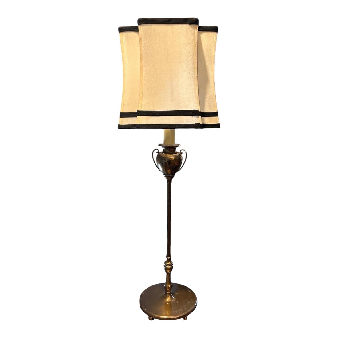 Vintage Urn Lamp With Custom Shade: Fabulous art nouveau tall table lamp in urn form. Very sleek and sexy in brass. But the showstopper is the custom tuxedo shade. Its a simple square shape in cream silk with inverted corners and black