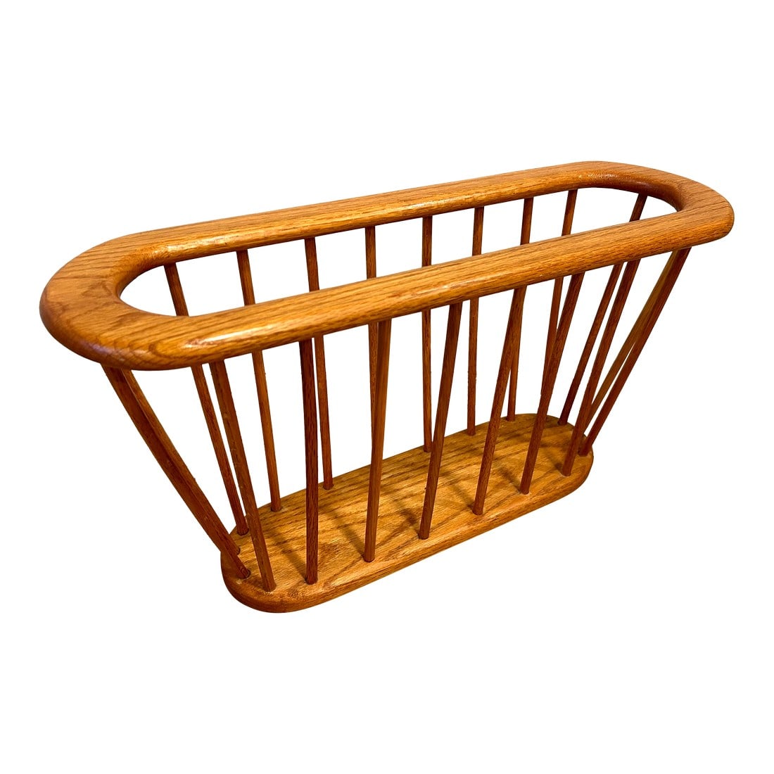 Late 20th Century Scandinavian Mid Century Modern Oval Solid Oak Wood Danish Magazine Rack Vinyl Rec: Scandinavian Mid-Century Modern Oval Solid Oak Wood Danish Magazine Rack. Classic piece to store magazine, books, children's books etc. Condition: Alterations: Original Condition Unaltered