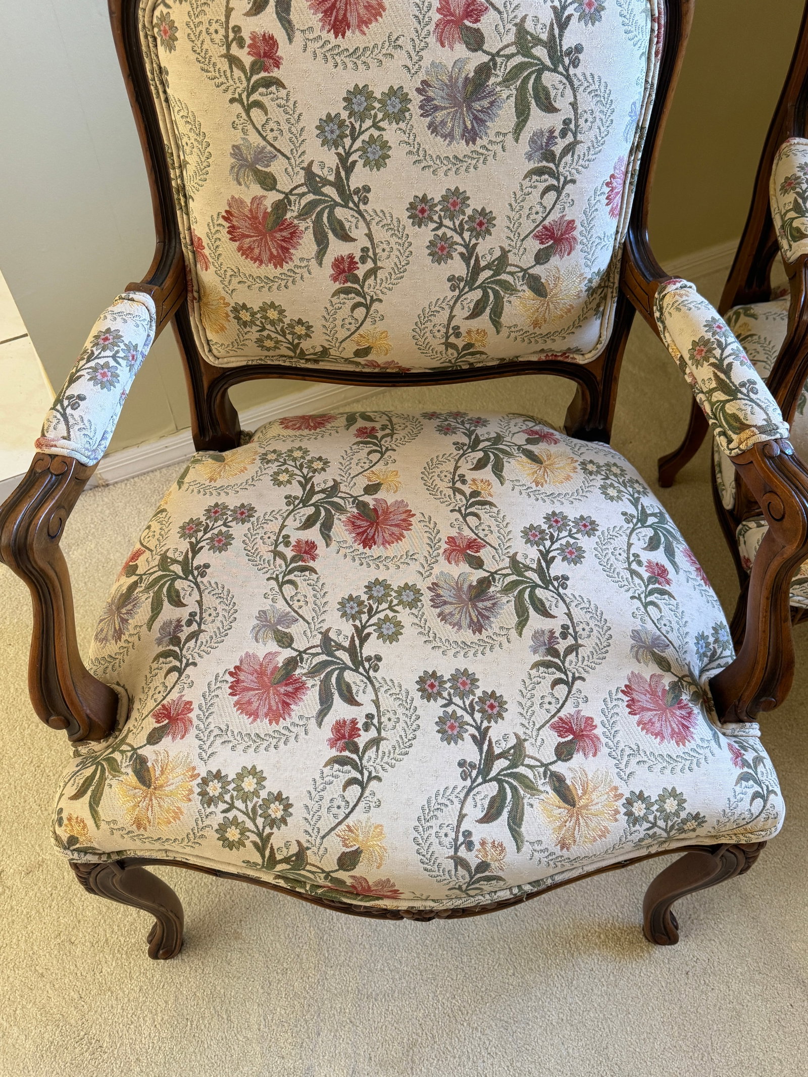 Early 20th Century Antique French Louis XV Style Upholstered Carved Mahogany Arm Chairs - Set of Two - 2