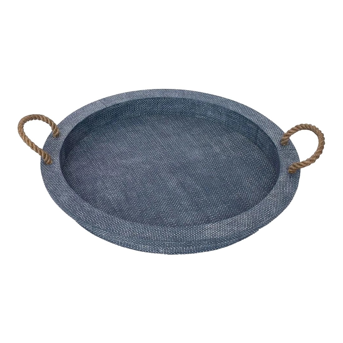 Aegean Nautical Grasscloth Covered Serving Tray in Indigo by Regina Andrew: Large scale serving tray in an indigo sealed faux rattan finish with raised edges and jute rope handles and brass reinforcement rivets. This piece has been used only for home staging. Condition: