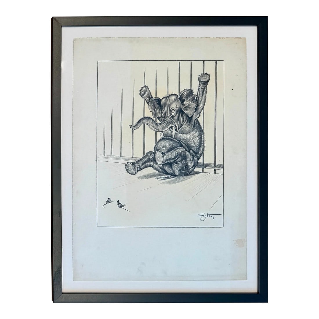 Mid-Century Palm Beach Animal Illustration by Vinzenzo Zito: A charming and humorous original pencil illustration by Vincenzo Zito, an Italian born artist prominent in 1950s Palm Beach society. In this playful composition, a wide-eyed baby elephant recoils in