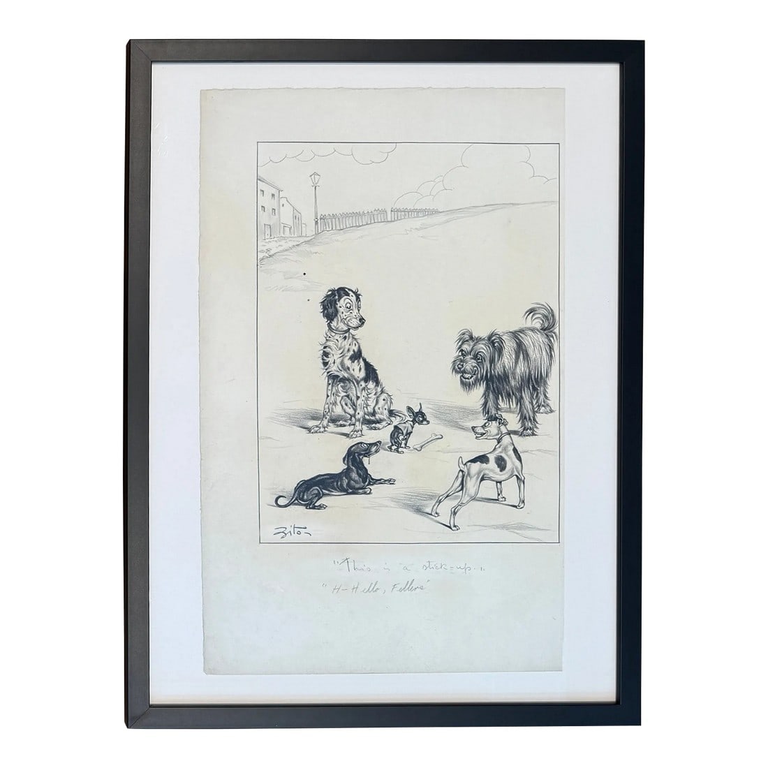 Mid Century Palm Beach Dog Illustration by Vincenzo Zito: A whimsical and character rich original drawing by Palm Beach artist Vincenzo Zito, dating to the 1950s. this framed pencil illustration captures a humorous canine showdown: a fierce little