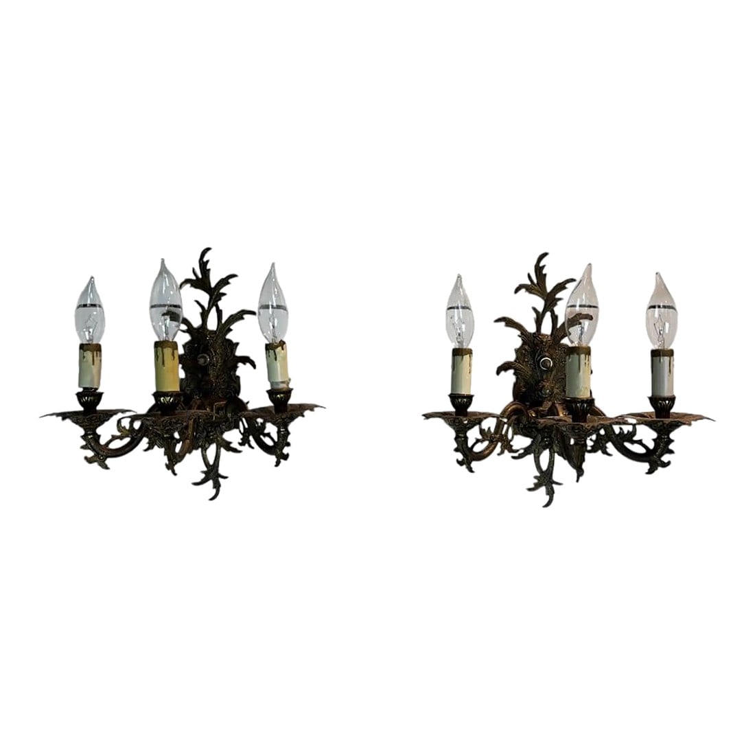 Pair of Vintage Bronze Three Arm Wall Sconces With White Candlesticks (1 of 7)