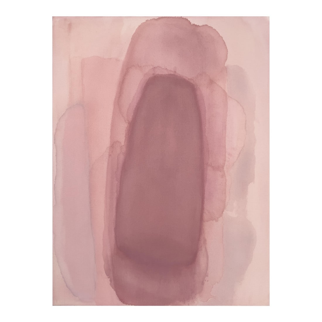 Pointe Layered Blush Tones Minimalist Color Field Painting: This color field painting features light color variances and thin color wash layers of varying translucency in overlapping patterns surrounding a stain washed center. The overall effect is a light
