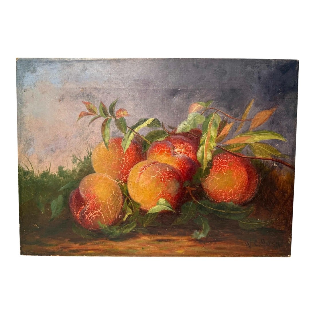 William Corning Stacy Still Life Peaches Oil on Canvas Painting: Quick Hits: Signed original still life by American painter William Corning Stacy Lush, saturated depiction of peaches in oil on canvas A rare example of a signed work by Stacy (1836–1919) Vibrant