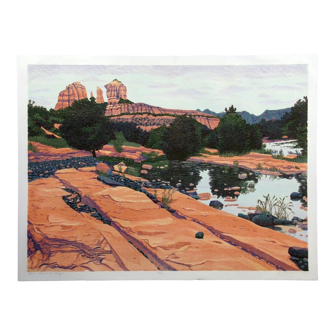 Gordon Mortensen "Lower Oak Creek Canyon" Signed Numbered Woodcut Art 1983: Lower Oak Creek Canyon by Gordon Mortensen Limited Edition Reduction Woodcut Hand Signed by the artist Paper Size: 24" x 32" Image Size: 22" x 30" Edition Number: 103/130 Condition of the