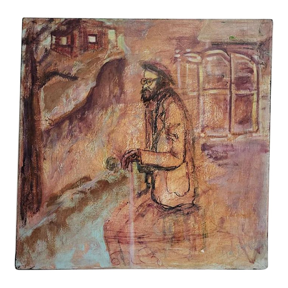 Judaica Ritual Hand Washing Oil Painting - Man by Stream: Charming oil on canvas of a man performing a ritual hand washing ritual by what appears to be a stream. It is unframed. If you choose to frame, there are so many possibilities ranging from