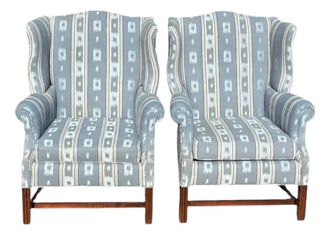 Late 20th Century Century Furniture LTD Collection Wingback Armchairs - A Pair: Quick Hits: Classic wingback silhouette with plush proportions Made by Century Furniture for the LTD Collection Striped ikat-style upholstery in soft slate blue Solid wood stretcher bases for added