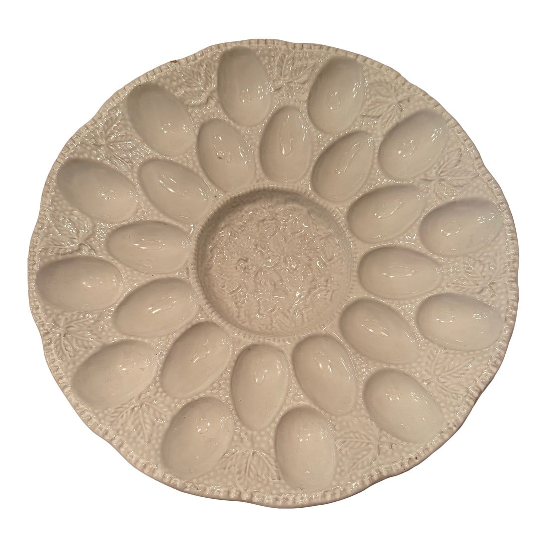 Large Italian Egg Tray in White: Lovely Italian round tray to display your Easter egg collection or use to serve deviled eggs. This piece is 13" in diameter. Please view all pictures so you can see the details in this piece. I love