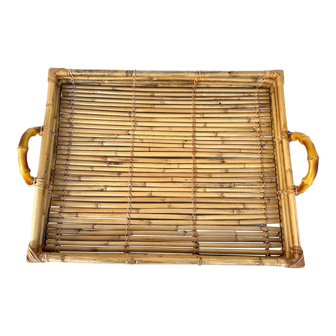 Vintage Bamboo Serving Tray: Vintage Bamboo Serving Tray with slatted bamboo surface and bamboo handles. Perfect for outdoor entertaining. Great for staging homes or serving breakfast. I have another one just like this one but