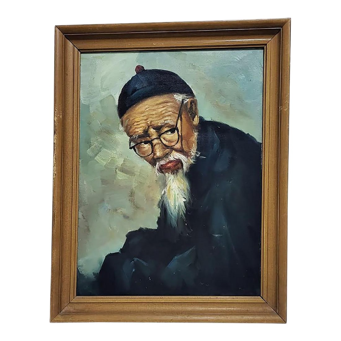 Oil Painting Portrait of a Chinese Man Scholar From Hong Kong: Lovely Oil Painting of an elderly gentleman, perhaps a scholar. The painting technique is well done, notice the slightly raised impasto strokes in the background which offset the finely detailed