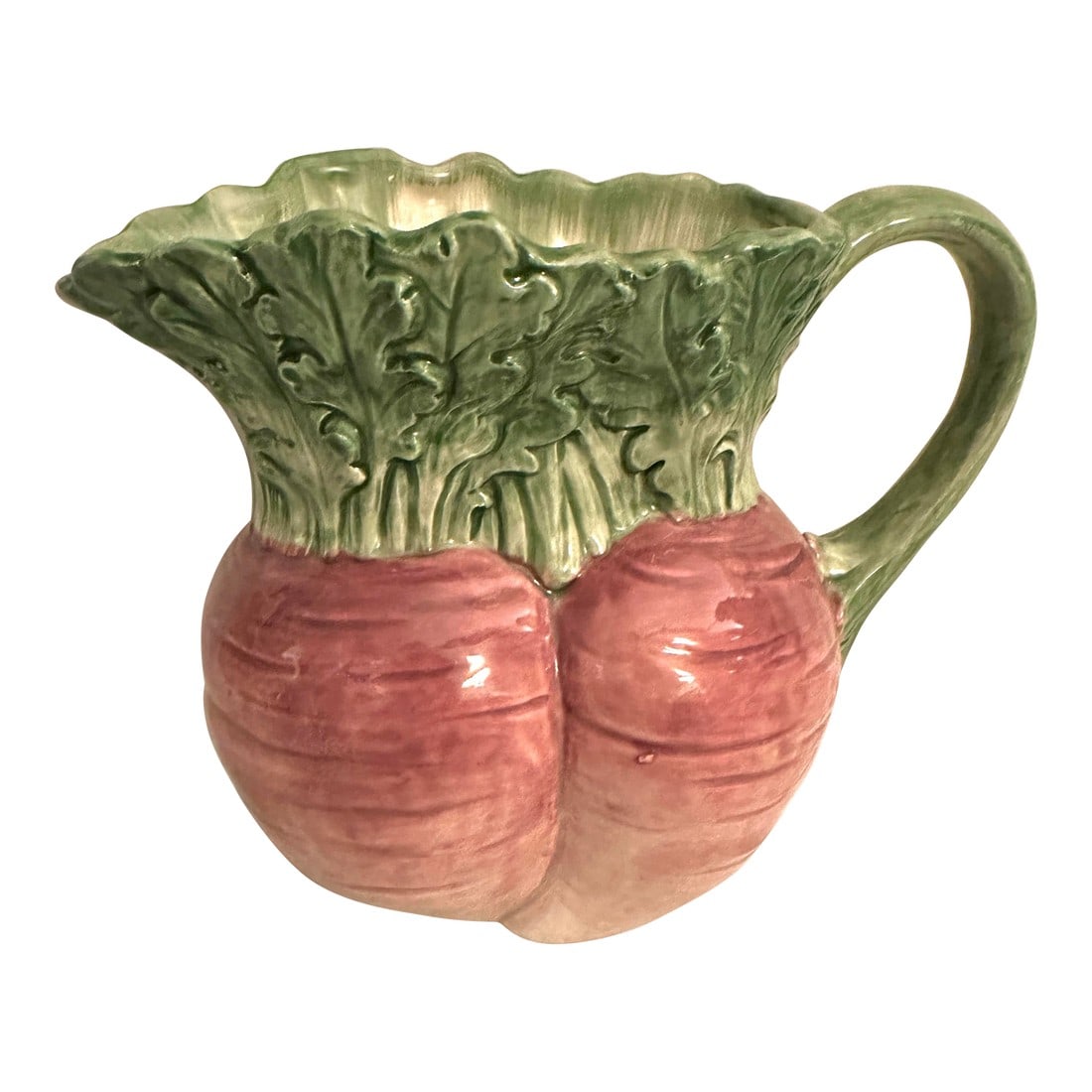 Bordallo Pinheiro "Vegetable Garden" Turnip Pitcher: Fitz & Floyd "Vegetable Garden" Turnip Pitcher, super cute and perfect for a Garden Party or Easter Table Scape. Mix and match with cabbage dinnerware would look amazing. 8in w to handles 4.5 in d x