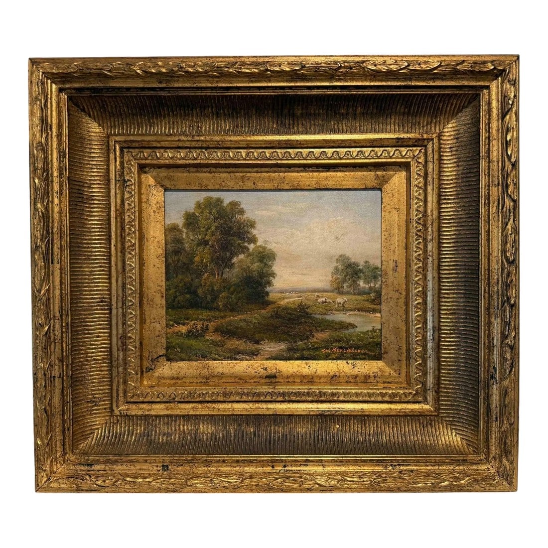 Mid 20th Century W. Kerckhoven Landscape Oil Painting: Quick Hits: Landscape oil painting by W. Kerckhoven Richly layered mid-20th century composition Dramatic carved and gilded wood frame Tranquil rural setting with water, trees, and open sky Signed by