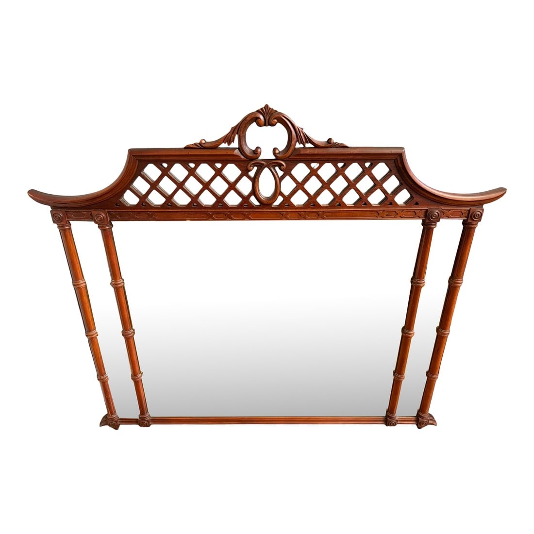 1940s Pennsylvania Furniture Co. Chinoiserie Mirror: Quick Hits: Vintage 1940s mirror by Pennsylvania Furniture Co. Intricate chinoiserie-style fretwork with bamboo column supports Perfect for Hollywood Regency or Art Deco–inspired interiors Over 4