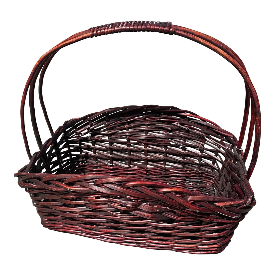 Large Woven Rattan/Wicker Gathering Basket: Large Gathering Basket in dark maroon brown, woven with detail on top handle. Perfect for gathering veggies from the garden or perfect for a Easter Basket. 19in h to handle 21.5in w x 15in d 6.5in