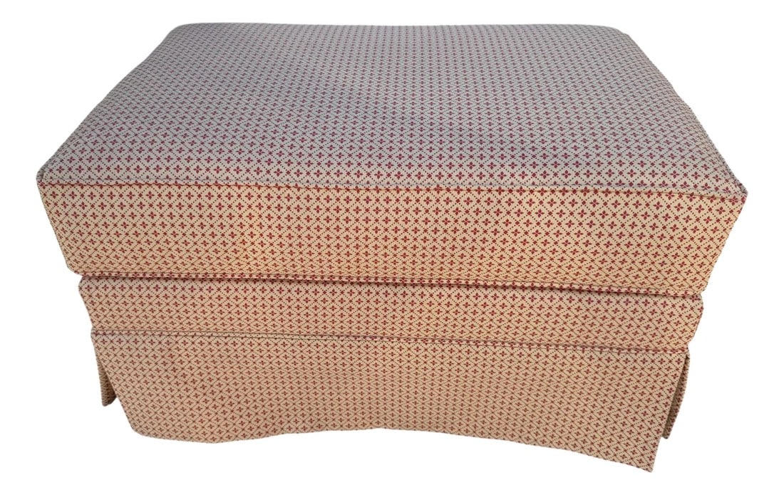Late 20th Century Sherrill Upholstered Ottoman on Casters: Sherrill Upholstered Ottoman on Casters A dust skirt surrounds the base of the ottoman and hides the legs and casters. The patter is a small red geometric shape. Caster is 2.75" tall. 