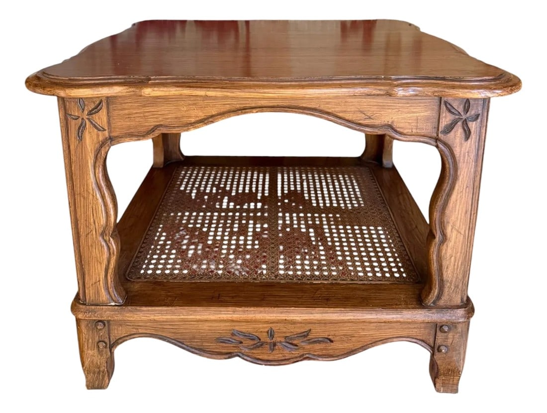 Davis Furniture Company Side Table: Quick Hits: Late 20th-century square side table by Davis Furniture Company Charming cane shelf adds texture and functionality Tiered edge tabletop with warm simulated wood grain Delicate floral