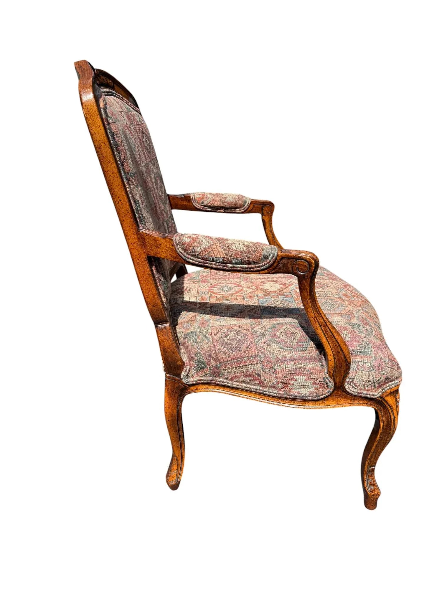 Late 20th Century Henredon French Louis XV Style Fauteuil Armchair With Floral Carvings and Southwes - 3