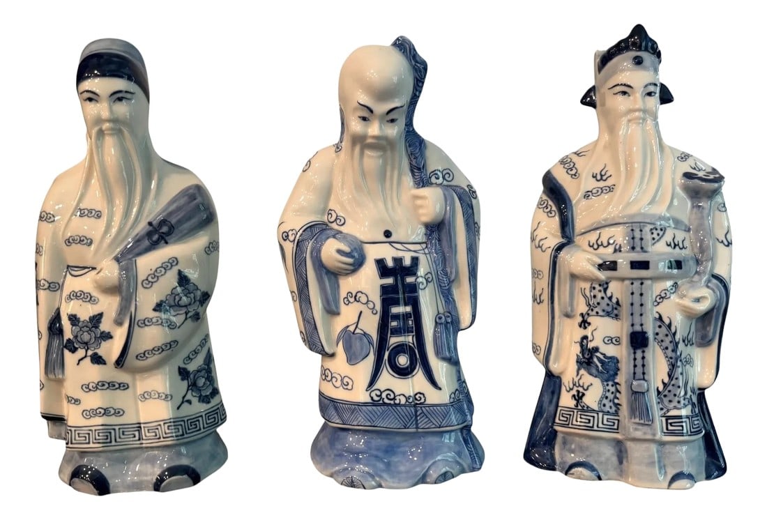 Late 20th Century Chinese Blue and White Porcelain 'Sanxing' Figures - Set of 3: Late 20th Century Chinese Blue and White Porcelain 'Sanxing' Figures - A Set of 3 These are Chinese blue and white porcelain 'Sanxing' figures, Fu, Lu, and Shou. They represent fortune, prosperity,