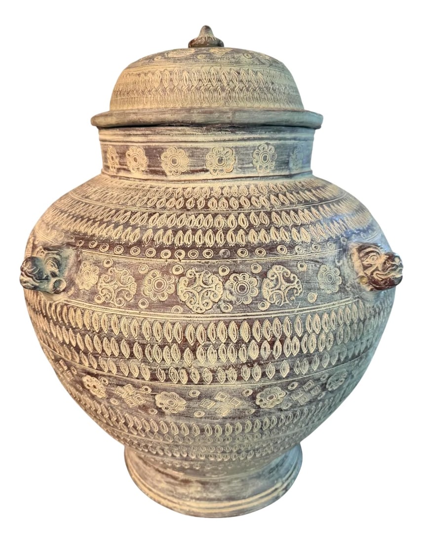 1980s Anne-Jo Handcrafted Ceramic Jar With Lid: Anne-Jo Handcrafted Ceramic Jar With Lid Handmade in Las Angelas, CA, USA Style# 703-GRWW This monumental sized jar has a centered lid with a felt lined lid. The body has a Chinese dragon head on