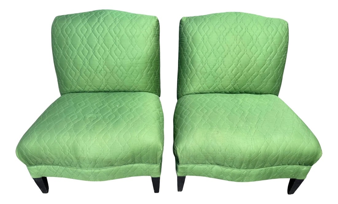 Late 20th Century Emerald Green Quilted Slipper Chairs - A Pair: These green slipper chairs feature a charming quilted finish, the perfect touch of depth for any room! Their emerald color could fit in both a contemporary loft or in Grandma's house on the coast. 
